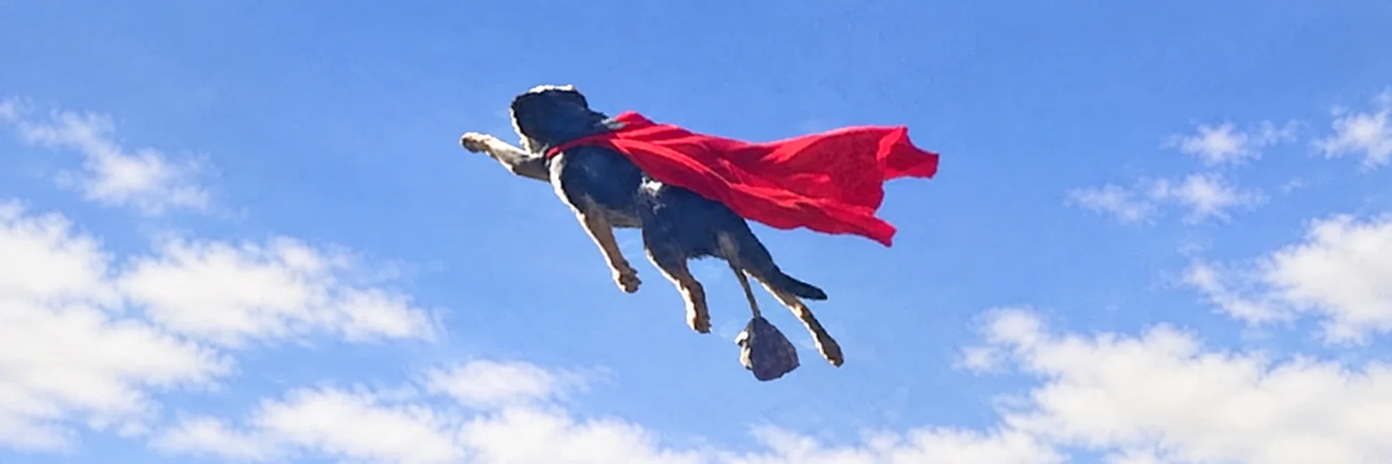 Super Buto flying through a blue sky with his red cape